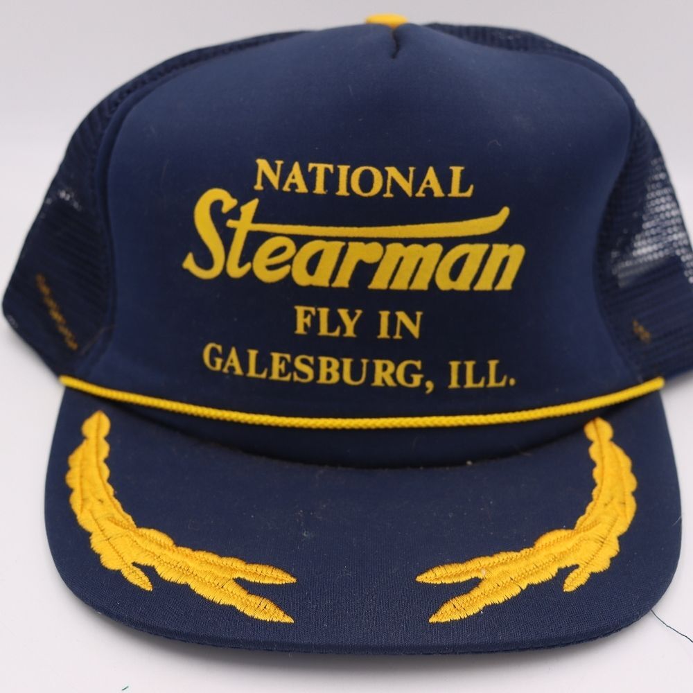 Vintage San Sun National Stearman Navy Blue & Gold Fly In Galesburg IL. Hat